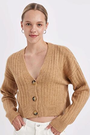 DeFacto Regular Fit V Yaka Basic Düz Düğmeli Triko Hırka R1389AZ24WNBN268