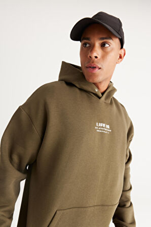 Erkek Haki Oversize Fit Bol Kesim Kapüşonlu Içi Polarlı 3 Iplik Pamuklu Sweatshirt