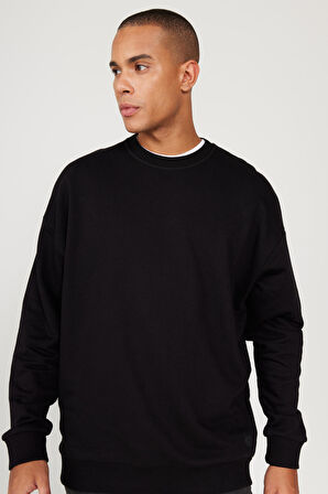 Erkek Siyah Oversize Bol Kesim 3 Iplik Bisiklet Yaka Pamuklu Sweatshirt