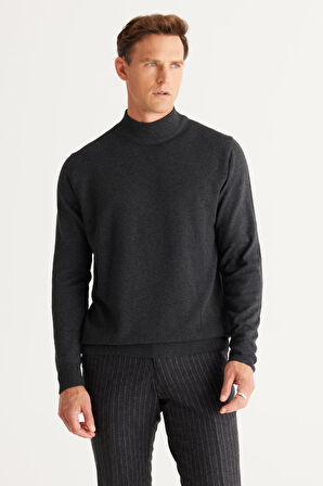 Erkek Füme Standart Fit Normal Kesim Yarım Balıkçı Yaka Pamuklu Triko Kazak