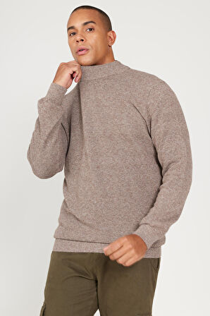 Erkek Kahve-Ekru Recycle Standart Fit Normal Kesim Yarım Balıkçı Yaka Pamuklu Jakarlı Triko Kazak