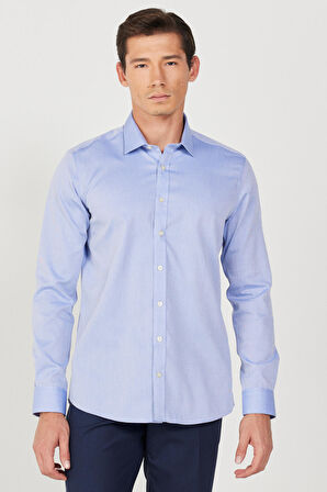 Erkek Mavi Ütüleme Gerektirmeyen Non-ıron Taılored Slim Fit Dar Kesim %100 Pamuk Desenli Gömlek