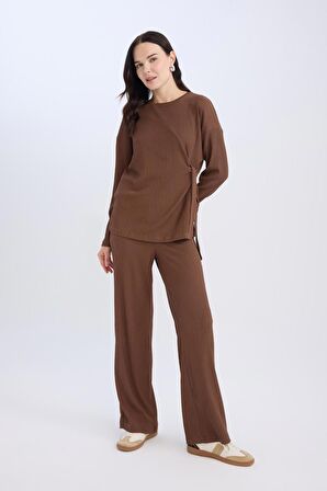 DeFacto Bürümcük Pantolon Wide Leg Geniş Bol Paça Esnek Belli C0200AX24AUBN316