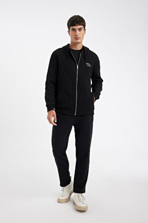 DeFacto Siyah Relax Fit Kapüşonlu Waffle Baskılı Cepli Fermuarlı Sweatshirt D2629AX24AUBK81