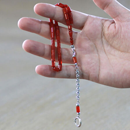 Kararmaz Metal Arnavut Püsküllü Kesme Kesim Ebruli Kırmızı Renk Bilek Boy Ateş Kehribar Tesbih