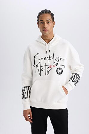 DeFactoFit NBA Brooklyn Nets Oversize Geniş Kalıp Kapüşonlu Kalın Sweatshirt D8513AX25SPER105