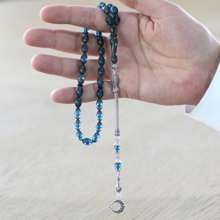 Ayyıldız Kararmaz Metal Püsküllü Arpa Kesim Turkuaz Ateş Kehribar Tesbih