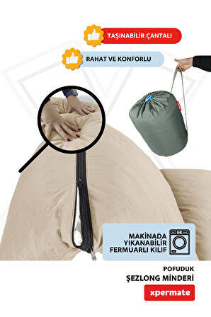 XPERMATE Pofuduk Şezlong Minderi 60x180x12Cm Su İtici,Katlanır,UV Güneş Dayanımı, Fermuar, Bej