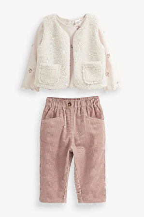 Pamuklu Ekru Fitilli Kadife Pantolon Borg Peluş Ceket Body 3’lü Alt Üst Takım