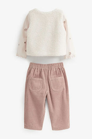 Pamuklu Ekru Fitilli Kadife Pantolon Borg Peluş Ceket Body 3’lü Alt Üst Takım