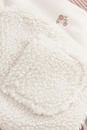 Pamuklu Ekru Fitilli Kadife Pantolon Borg Peluş Ceket Body 3’lü Alt Üst Takım