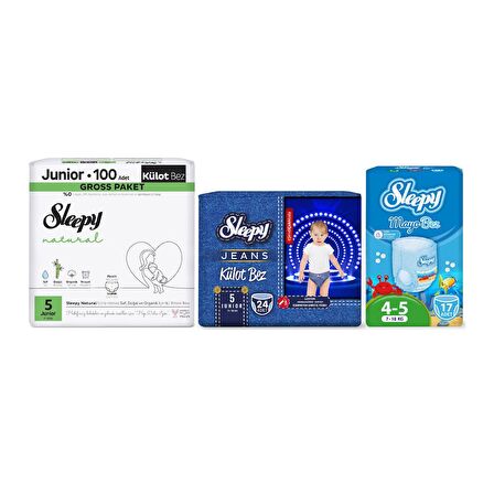 Sleepy 5 Numara Junior Natural Gross 100+Mayo Bez 17+Jeans Külot Bez 24+Plaj Çantası