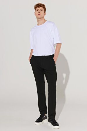 Erkek Siyah Slim Fit Dar Kesim Gofre Desenli Esnek Beli Bağlamalı Pantolon