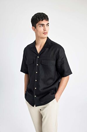 DeFacto %100 Keten Relax Fit Polo Yaka Yazlık Basic Düz Kısa Kollu Siyah Gömlek B6687AX24SPBK27