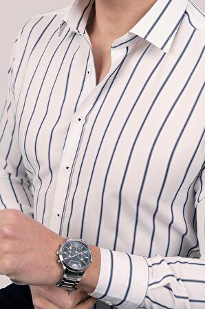 Beyaz Lacivert Çizgili Slimfit   Gömlek