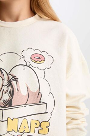 DeFacto Kız Çocuk Pijama Takım Garfield Sweatshirt Üst Desenli Beli Lastikli Uzun Alt D6061A824WNBG759