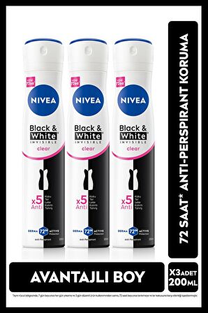 Nivea Kadın Sprey Deodorant Black&white Invisible Clear,200 Ml,72 Saat Anti-perspirant Ter Koruma, X3 Adet