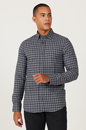 Erkek Lacivert Slim Fit Dar Kesim Gizli Düğme Yaka Kareli Gömlek