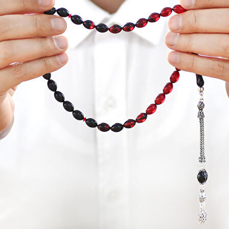 925 Ayar Gümüş Çift Püsküllü Arpa Kesim Süzme Kırmızı Ateş Kehribar Tesbih