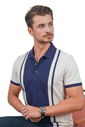Bej Lacivert Çift Renkli Polo Tişört