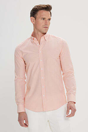 Slim Fit Dar Kesim Gizli Düğmeli Yaka Pamuklu Çizgili Gömlek