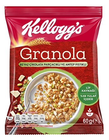 Kellogg's Beyaz Çikolata Parçacıklı&Antep Fıstıklı Granola 60Gr x10Adet,%46 Yulaf içerir,Lif Kaynağı