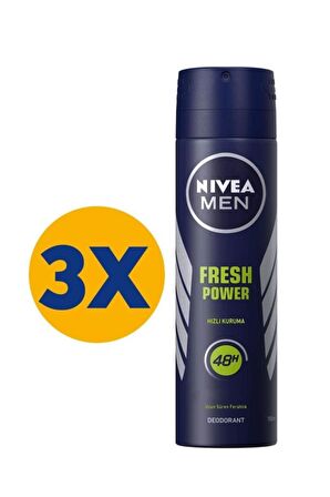 Nivea MEN Erkek Sprey Deodorant Fresh Power 150ml, Ter Korumasına Karşı 48 Saat Koruma, X3 Adet