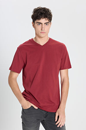Erkek Bordo Slim Fit Dar Kesim %100 Pamuk V Yaka Kısa Kollu Tişört