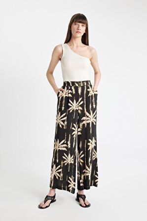 DeFacto Maroken Kumaş Pantolon Culotte Desenli Beli Lastikli Geniş Paça Uzun Boy C9118AX24SMBK81