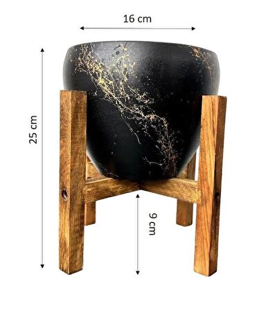 Ev Dekorasyon Siyah Üzeri Gold Mermer Efektli Toprak Saksı Saksılık Salon Çiçeklik 4 Ayaklı - 15 Cm