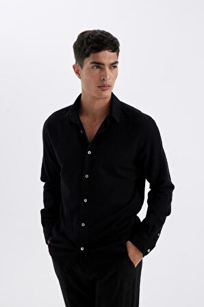 DeFacto Siyah Modern Fit Modern Kesim Polo Yaka Düz Pamuklu Uzun Kollu Gömlek D1629AX24AUBK81