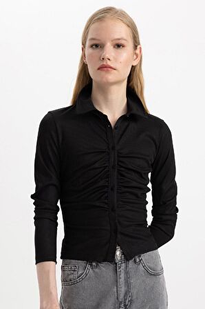 DeFacto Slim Fit Dar Kesim Polo Yaka Basic Düz Fitilli Kaşkorse Uzun Kollu Tişört C1326AX24SPBK81