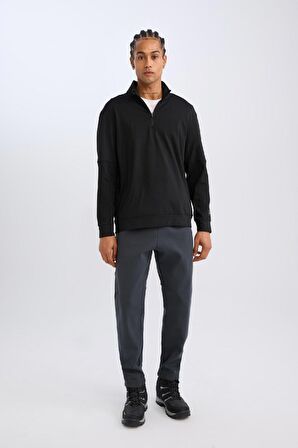 DeFactoFit Standart Fit Dik Yaka Fermuarlı Skuba Dalgıç Kumaş Sporcu Sweatshirt C9172AX24AUBK81