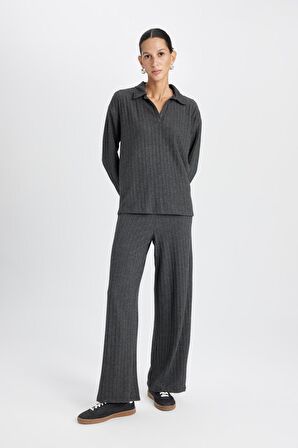Wide Leg Geniş Paça Eşofman Altı Normal Bel Fitilli Kaşkorse Kumaş Basic Düz