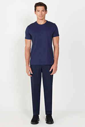 Erkek Lacivert Slim Fit Dar Kesim Bisiklet Yaka %100 Pamuk Tişört
