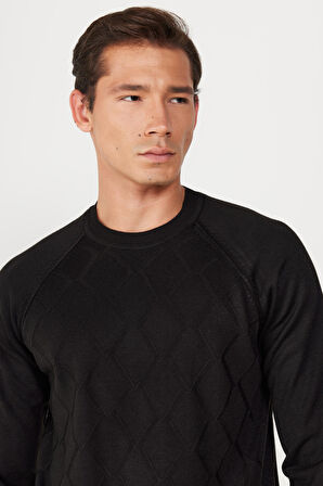 Erkek Siyah Standart Fit Normal Kesim Bisiklet Yaka Jakarlı Triko Kazak