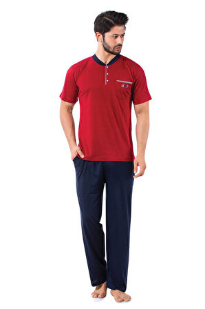 Erkek 3 Düğmeli Likralı Pamuk Kısa Kol Cepli Şortlu 3lü Pijama Takımı-3 Parça Kutulu Çeyizlik Set
