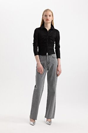 DeFacto Slim Fit Dar Kesim Polo Yaka Basic Düz Fitilli Kaşkorse Uzun Kollu Tişört C1326AX24SPBK81