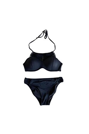 Siyah Makrome İçi Boş Kap Bikini Takım