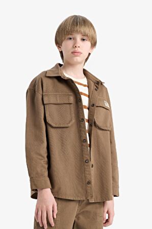 Erkek Çocuk Oversize Geniş Kalıp Polo Yaka Gabardin Uzun Kollu Gömlek