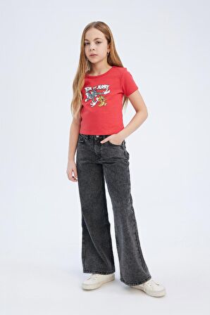 DeFacto Kız Çocuk Tom & Jerry Cropped Fit Bisiklet Yaka Kısa Kollu Tişört E0479A825SPRD206