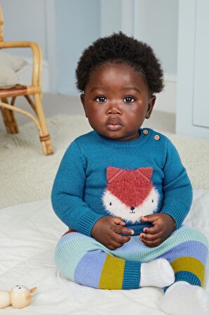 % 100 Pamuklu Mavi Tilki Desenli Triko Alt Üst Takım