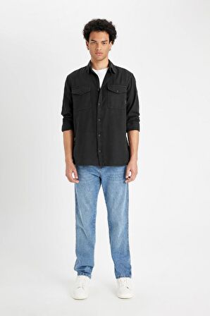 DeFacto Regular Fit Polo Yaka Basic Düz Pamuklu Uzun Kollu Gömlek B2654AX24AUAR221
