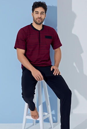 Erkek Bisiklet Yaka 3 Düğmeli Desenli Modal Kısa Kol Cepli Pijama Takımı