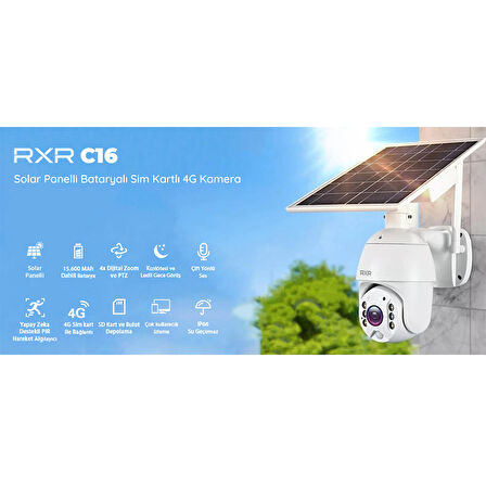 RXR C16 4G Sim Kartlı Bataryalı Solar Dış Ortam 360° Hareket Kontrollü solar güneş enerjili kamera