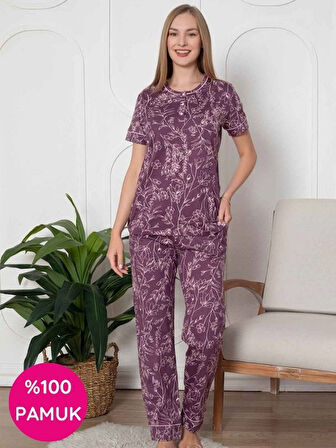 Kadın Çiçek Desen Bisiklet Yaka 3 Düğmeli Kısa Kol Cepli Pijama Takımı