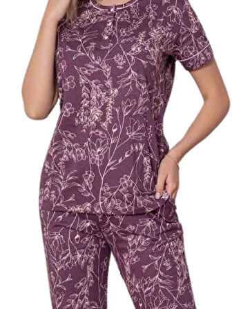 Kadın Çiçek Desen Bisiklet Yaka 3 Düğmeli Kısa Kol Cepli Pijama Takımı