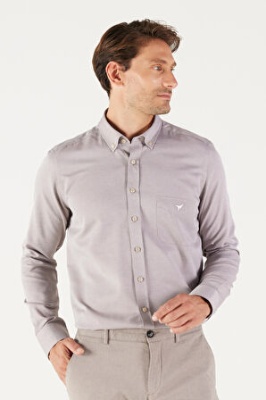 Erkek Kahverengi Slim Fit Dar Kesim Düğmeli Yaka Pamuklu Cepli Oxford Gömlek