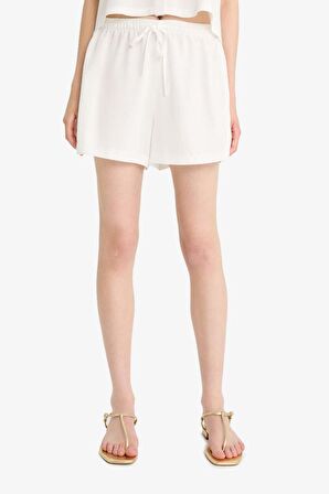 DeFacto Normal Esnek Belli Cepli Keten Karışımlı Beyaz Şort F3181AX25SMWT32