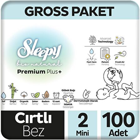 Sleepy Bio Natural Premium Plus Gross Paket Bebek Bezi 2 Numara Mini 100 Adet